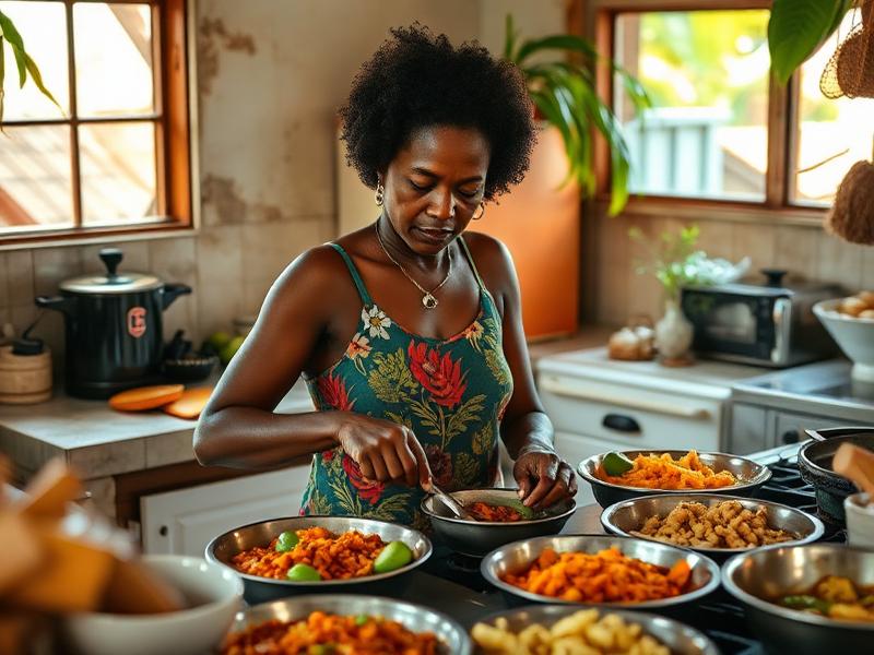 Femme préparant des plats créoles dans une cuisine familiale en Guyane