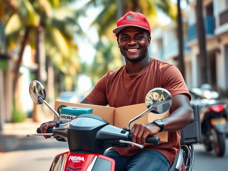 Livreur souriant en scooter avec des colis dans une rue tropicale